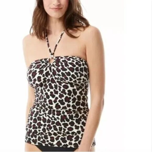 Michael Kors KHAKI LEOPARD Animal-Print Logo-Ring Shirred Tankini Top, US Medium - Picture 1 of 1